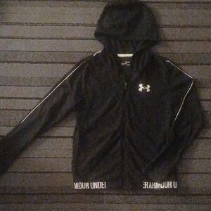 LIKE NEW Under Armour Hooded Long Sleeve Pockets Zip Up Logos And Stripe Sleeves